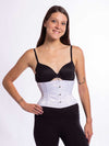 model wearing the new design cs 301 waspie corset in white satin front facing