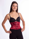 model wearing the new design cs 301 waspie corset in red wine satin front facing