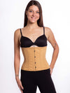 Female model wearing the modern curve cs 305 beige cotton corset front view