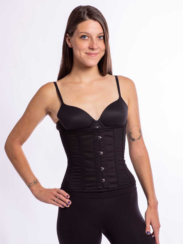 Female model wearing the modern curve cs 305 black cotton corset
