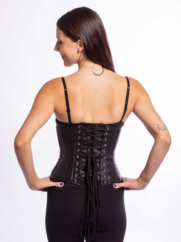 Female model wearing the CS305 black leather corset back lace up view