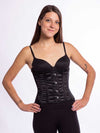 cute model wearing the gentle curve of the cs 305 black satin corset