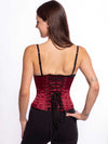 Back lace up detail of aCute athletic build model wearing a modern curve corset in wine color with black leggings and black bra