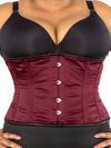 model wearing wine satin cs 305 steel boned waist cincher corset, front