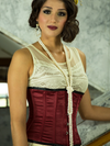 Model wearing pearls and our underbust 305 satin corset in wine