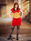 cute corset model wearing a red bodycon dress with a beige mesh cs-345 romantic curve corset 