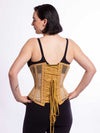 Smiling model wearing the cs 345  beige mesh corset back lace up view