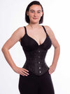 female model wearing the cs345 black brocade corset facing forward with hands on hips