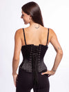 Model with feminine curves wearing the cs 345 corset in silky black satin back lace up view