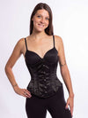Model with feminine curves wearing the cs 345 corset in black satin