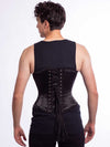 Male model wearing the cs345 longline corset in black satin back lace up  view