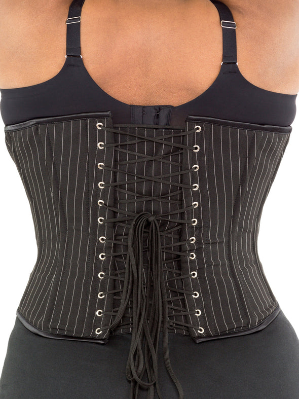 plus size 345 pinstripe steel boned waist training corset back view