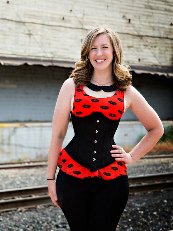 model wearing cs345 black cotton waist training corset