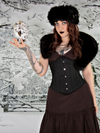 Model wearing a formal winter outfit with our underbust 345 black brocade steel boned waist training corset