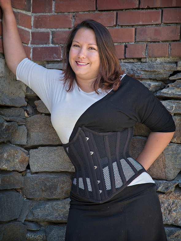 model wearing 345 black mesh steel boned corset 