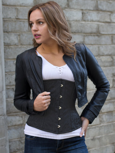model wearing a black jacket and 411 longline underbust corset in black brocade 