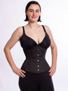 Female model wearing a cs411 long black cotton corset over leggings and a bra 