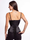 cute model wearing the cs 411 longline romantic curve corset in soft silky black satin back lace up view