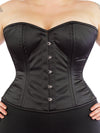 model wearing plus size cs 411 overbust black satin corset, front