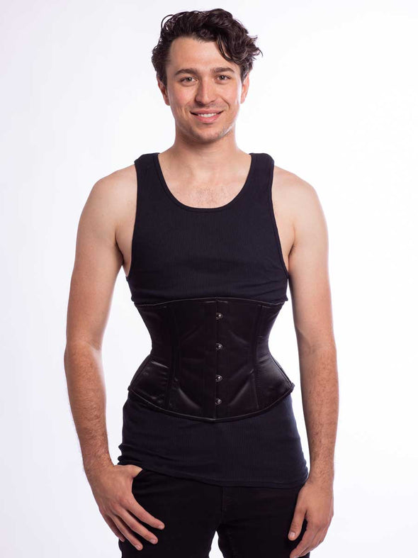 Male model wearing the CS411 in design color black satin front view