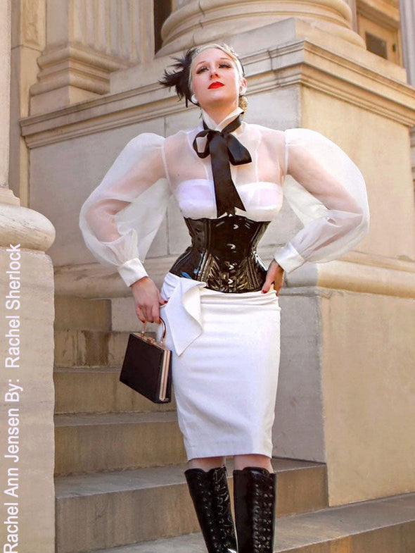 Rachel Ann Jensen wearing a black PVC corset as a glamorous everyday corset 