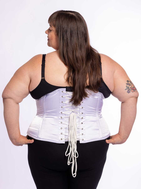 model wearing white satin cs 411 longline full figure plus size corset, back