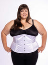 model wearing white satin cs 411 longline full figure plus size corset, front