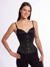 Model wearing the romantic curve cs 411 longline corset in a cute black brocade