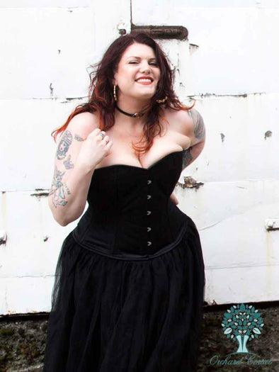 black romantic curve overbust corset top shown with black tulle skirt cs411
