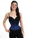 cute corset model wearing a black bra and leggings with a navy blue satin corset to complete the outfit