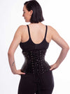 Black Shiny Latex PVC corset on cute model back facing showing the back lace up detail hands on hips