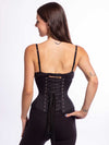 Model wearing the cs411 standard corset in comfortable black cotton back lace up view