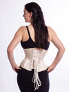 Model wearing the CS411 in design color ivory satin back view