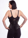 Beautiful midnight brocade corset over leggings and a bra on a cute female model back lace up detail view
