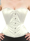 model wearing cs 411 overbust ivory satin corset front