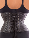 model wearing cs 426 plus sized standard black leather waist training corset, back