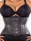 model wearing cs 426 plus sized standard black leather waist training corset, front