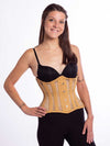 Cute model wearing the CS426 hourglass curve mesh corset in beige with black leggings and a black bra