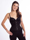 smiling model wearing the cs426 standard corset in black mesh