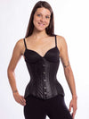 Smiling model wearing the black leather cs 426 hourglass curve longline corset