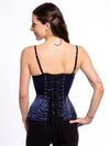 cute corset model wearing a black bra and black tights with a navy longline everyday corset for waist training back lace up corset view
