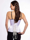 cute corset model wearing a black bra and leggings with a white longline everyday corset for waist training back lace up corset view