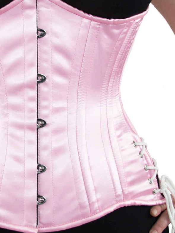 Detail view of the 426 longline with hip ties waist training corset in pink satin 