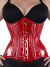 Front view of plus size 426 longline steel boned waist training Red pvc corset