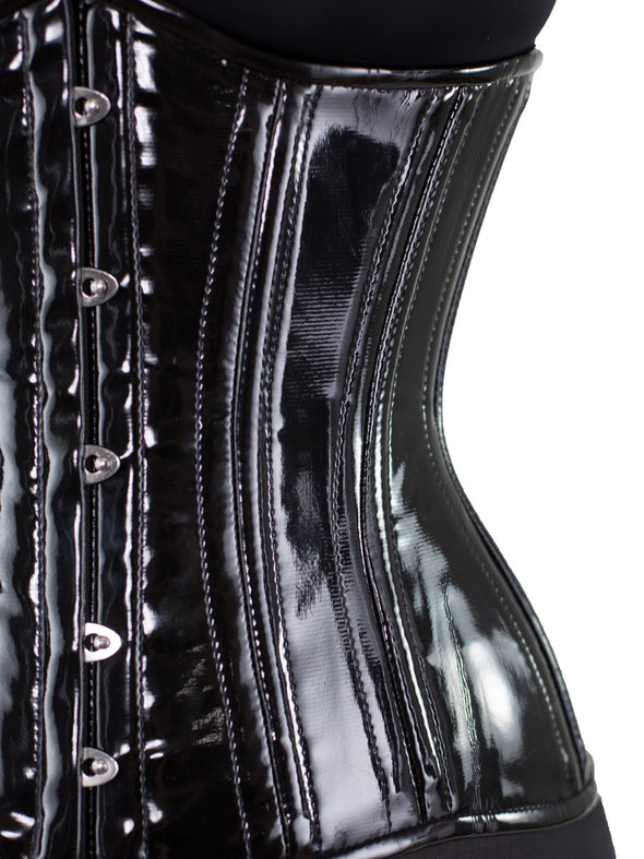 Close up of Plus size underbust 426 longline corset in black pvc to show shine