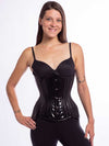 Front view of our underbust 426 longline steel boned waist training corset in black PVC