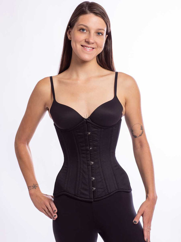 Model wearing cs426 longline black cotton waist  corset front view