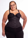 Plus size curvy model wearing a black cotton corset cs426 longline forward facing 