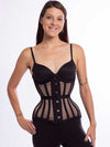 Smiling model wearing a black mesh hourglass curve 426 longline corset