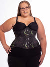 plus size curvy model wearing an Asian midnight floral brocade corset